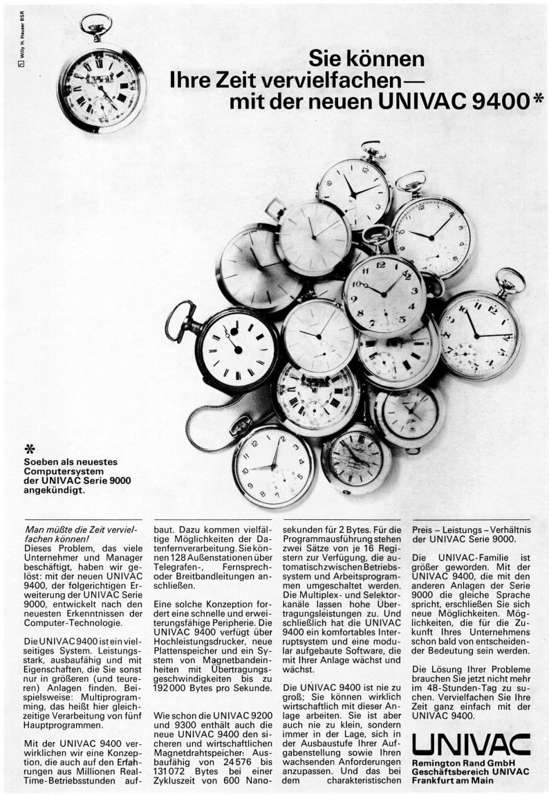 Zeitgenössische Univac 9400-Anzeige: Sie können ihre Zeit vervielfachen - mit der neuen Univac 9400